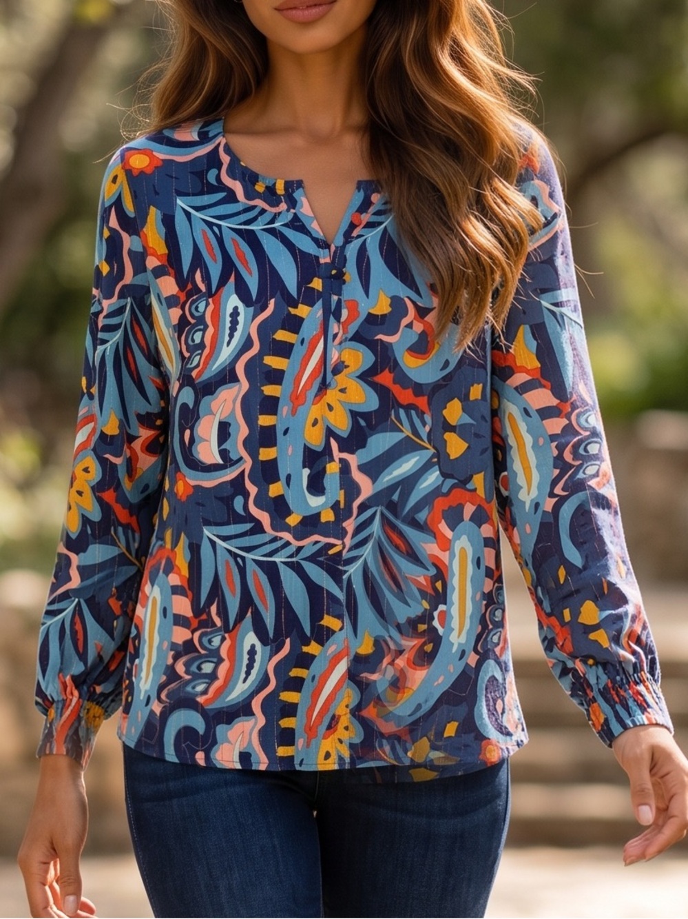 Belle by Kim Gravel Navy Multicolor Paisley-Leaf Tunic
